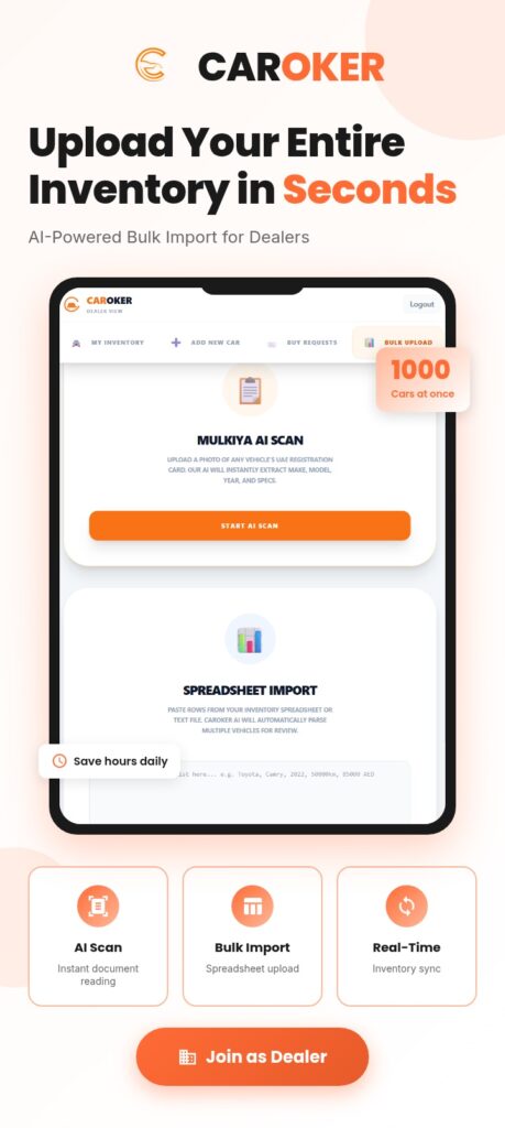 Verified car dealership showroom in Dubai listing inventory on Caroker AI