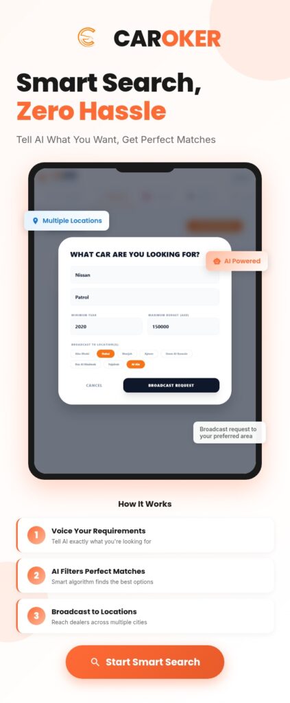 Verified car dealership showroom in Dubai listing inventory on Caroker AI
