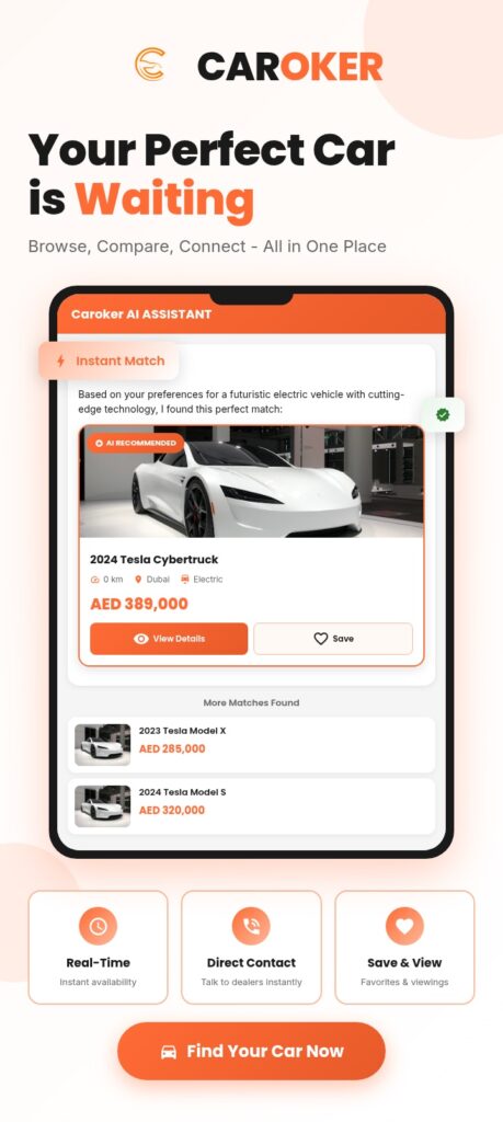 Verified car dealership showroom in Dubai listing inventory on Caroker AI