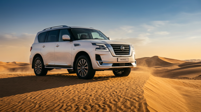 White Nissan Patrol Y62 2024 parked on a sand dune in the Abu Dhabi desert at golden hour